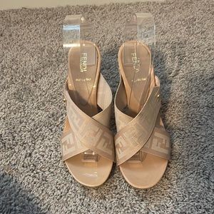 Fendi Canvas Monogram Mule Sandal Wedge Wooden Heel Thick Strap Leather Nude